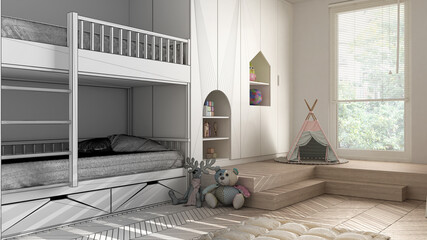 Architect interior designer concept: unfinished project that becomes real, minimalist children bedroom, parquet floor, bunk bed, cabinets with toys and decors, design concept idea