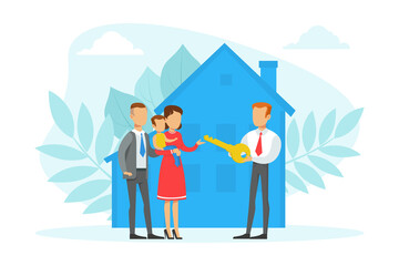 Fototapeta premium Real Estate Agent Giving Keys from New House to Family, People Buying or Renting Home Flat Vector Illustration