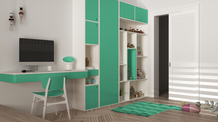Modern minimalist children bedroom in turquoise pastel tones, herringbone parquet floor, desk with desktop, cabinets with toys and decors, soft carpet, interior design concept idea