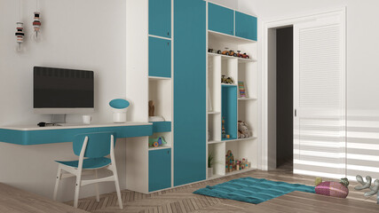 Modern minimalist children bedroom in blue pastel tones, herringbone parquet floor, desk with desktop, cabinets with toys and decors, soft carpet, interior design concept idea
