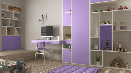 Modern minimalist children bedroom in purple pastel tones, herringbone parquet floor, desk with...