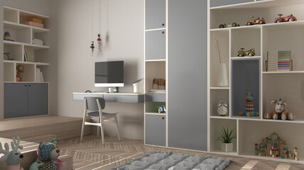 Modern minimalist children bedroom in gray pastel tones, herringbone parquet floor, desk with desktop, cabinets with toys and decors, soft carpet, interior design concept idea