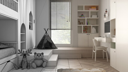 Architect interior designer concept: unfinished project that becomes real, minimalist children bedroom, parquet floor, bunk bed, cabinets with toys and decors, design concept idea