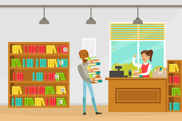 Man Carrying Stack of Books, Librarian Assisting him at Service Desk, Education, Knowledge, Studying and Literature Concept Cartoon Vector Illustration