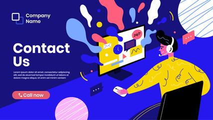 Customer service website illustration theme. Support page. Contact us landing page template flat design. Business web page vector. The business staff calls customer care. Can use for banner mockup 