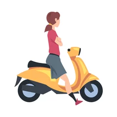 Foto op Plexiglas Young Woman Riding Scooter, Side View of Girl Sitting on Yellow Motorbike Cartoon Style Vector Illustration © topvectors