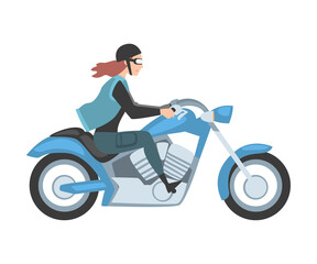 Fototapeta na wymiar Young Woman Riding Motorcycle, Side View of Girl Biker Character in Casual Clothes and Helmet Driving Blue Chopper Cartoon Style Vector Illustration
