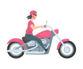 Foto op Plexiglas Young Woman Riding Motorcycle, Side View of Girl Biker Character in Helmet Driving Chopper Cartoon Style Vector Illustration © topvectors