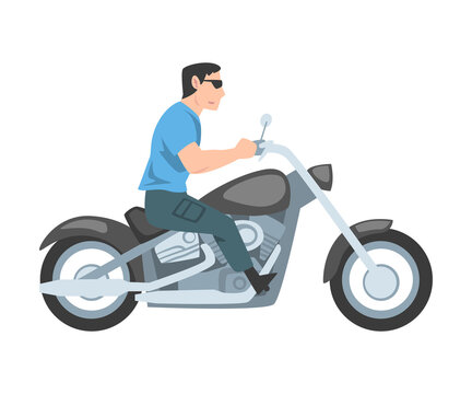 Man Riding Motorcycle, Side View Of Male Biker Character Driving Motorbike Cartoon Style Vector Illustration