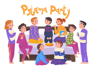 Friends Having Fun on Pajama Party, Cute Children Sitting on Bed Wearing Pajamas Cartoon Style Vector Illustration