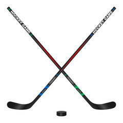 Crossed hockey sticks and puck, 3d vector illustration
