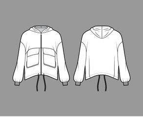 Zip-up hooded paneled track jacket technical fashion illustration with utility flap pockets, oversized, long sleeves, drawcord hem. Flat coat template front, back white color. Women men unisex top CAD © Vectoressa