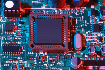 Close-up of electronic circuit board with processor of computer motherboard