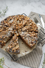 Brownie pie with pear and hazelnut 