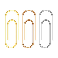 Golden, brass and steel paper clip isolated on white, 3d vector illustration