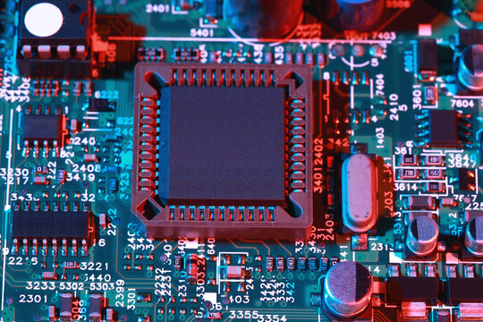 Close-up of electronic circuit board with processor of computer motherboard