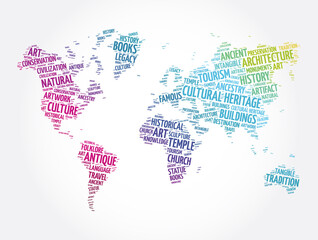 Fototapeta na wymiar Cultural heritage word cloud in shape of world map, concept background
