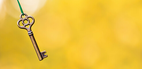 Buying, selling or renting home, real estate, apartment concept, hanging key on gold background....