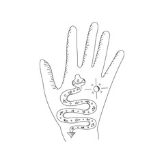 Vector line hand with sun and snake. Magical and mystic vector stock illustration. 