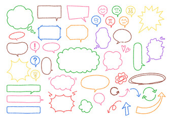 Illustration set of speech bubble material with handwritten (Colorful crayon style)
