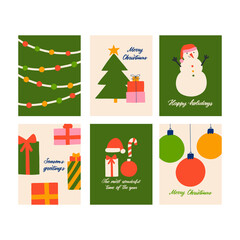 Hand drawn Christmas greeting cards set. Great prints for invitations, posters, tags. Festive banners in flat cartoon style, vintage colors. Merry Christmas. Happy holidays. Season's greetings