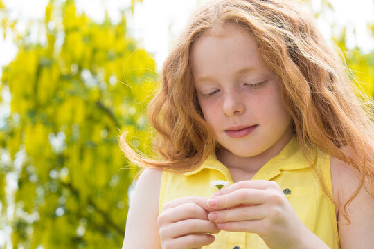 A little girl in yellow dress standing in front of a yellow tree.