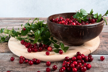 Raw fresh cowberryes in a bowl on a wooden background