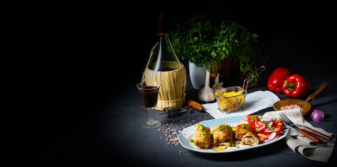 Vegetable roulade from roast  pork loins with salads