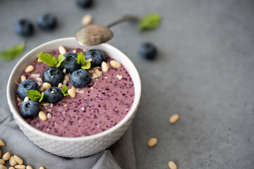 blueberry smoothie with mint and pine nuts