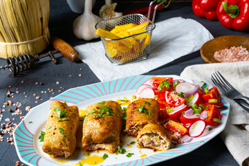 Vegetable roulade from roast  pork loins with salads