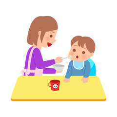 Young mom feeding her baby boy. Mother give nutritious food to a toddler. Flat vector parenting illustration isolated on white background.