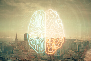 Brain hologram drawing on cityscape background multi exposure. Ai in modern city concept.