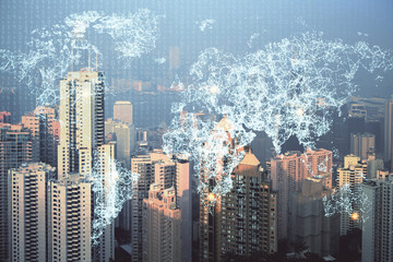 Double exposure of social network theme drawing and cityscape background. Concept of people connecton.