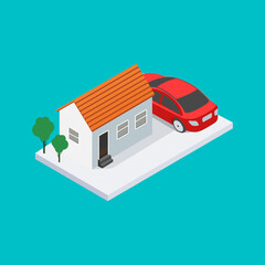 Isometric house with a car. Vector illustration.