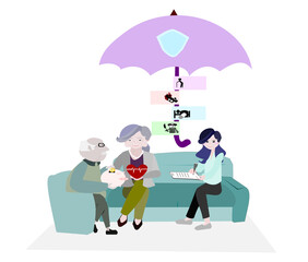 Illustration Insurance warranty concept. Father, mother, daughter, sitting on the sofa . Family and umbrella has an icon of savings, accidents, medical treatment, retirement age.