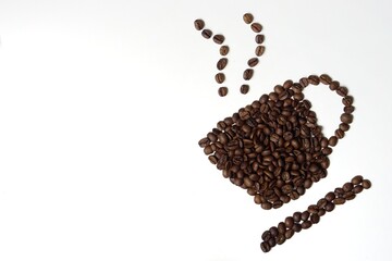 Coffee beans roasted design in cup shape on white background for coffee lover concept.