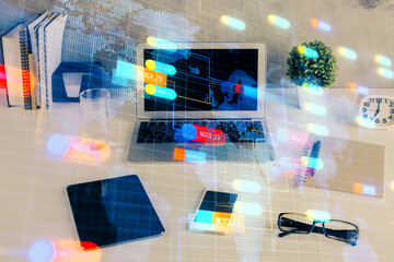 Multi exposure of table with computer on background and data theme drawing. Concept of innovation.