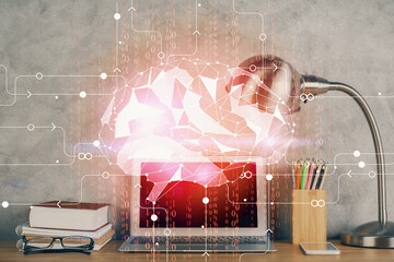 Double exposure of desktop computer and human brain drawing hologram. Ai concept.