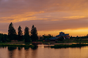 sunset over a small lake in summer in Bashkiria