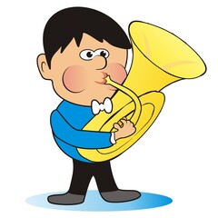 boy and trumpet, funny illustration,color picture on white background
