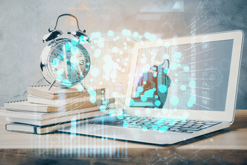Double exposure of desktop computer and human brain drawing hologram. Ai concept.