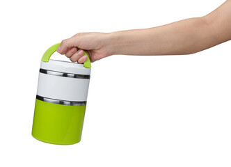 Hand holding lunch box isolated on white background with clipping path