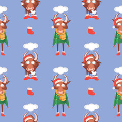 Seamless pattern for Happy Chinese new year 2021 - funny bulls. illustration. Great for wrapping paper, textile, wrapping paper.
