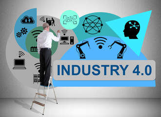 Industry 4.0 concept drawn by a man on a ladder
