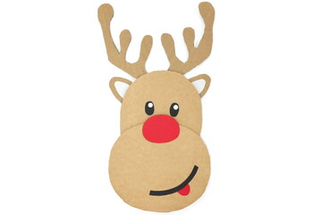 Cute and happy baby reindeer cardboard cutout with red nose isolated on a white background....