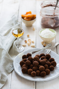 Small cocoa and dried fruit truffles