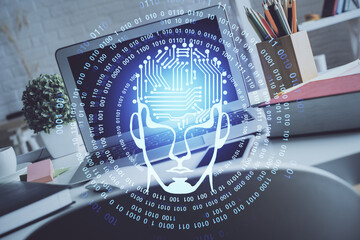 Double exposure of work space with computer and human brain drawing hologram. Brainstorm concept.