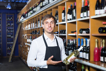 Glad adult seller man wearing apron promoting bottle of wine in wine store