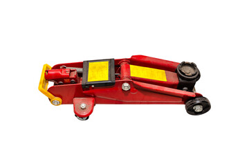 Old, red car hydraulic jack, isolated on a white background with a clipping path.