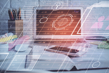 Multi exposure of desktop computer and technology theme hologram. Concept of software development.